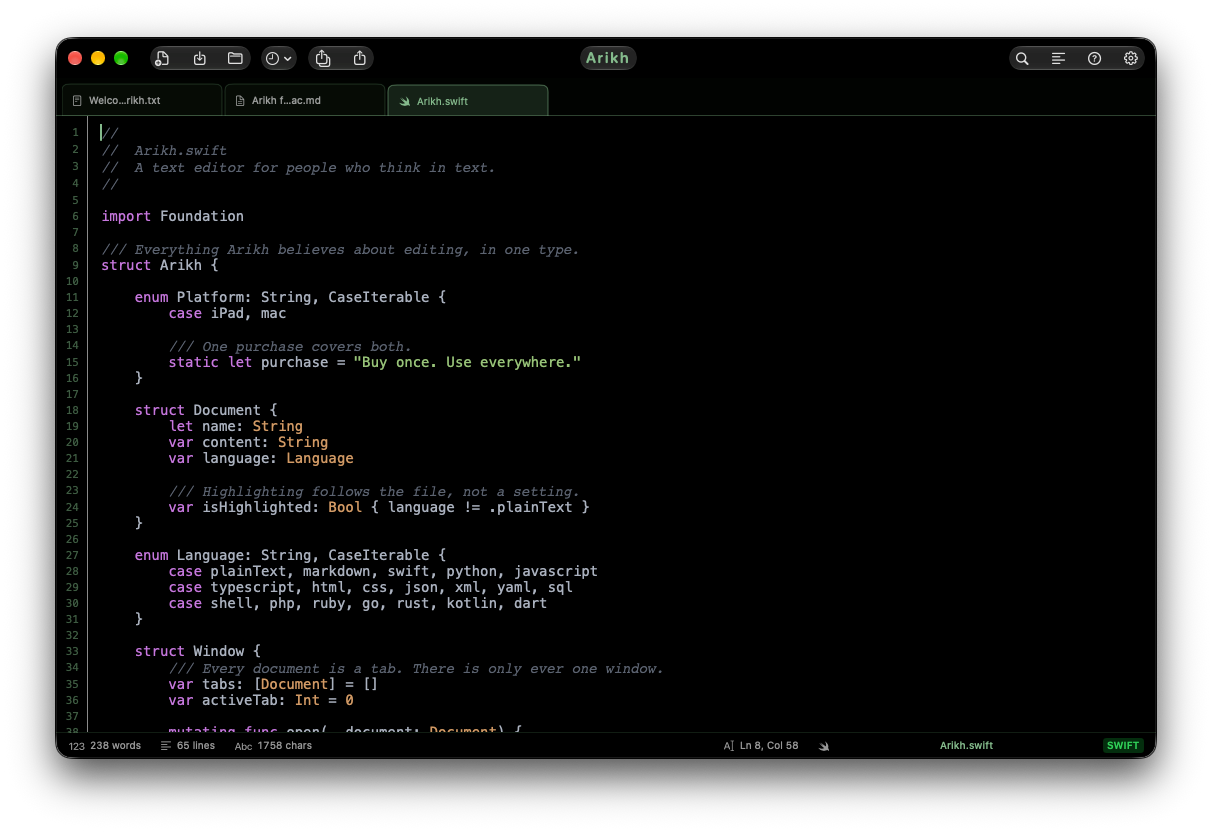 Arikh for Mac — Swift with Line Numbers